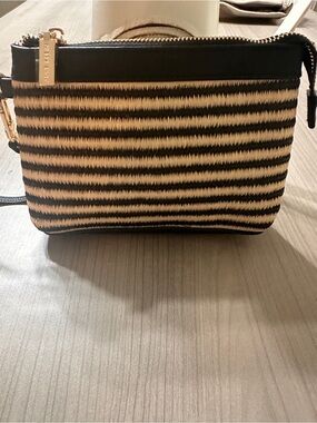 Anne Klein Black and Natural Striped Woven wristlet Bag